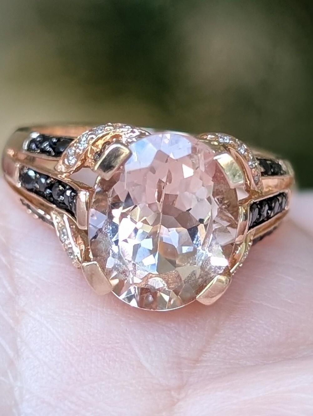 14K Rose Gold Morganite Cocktail Ring With Black And White Diamonds